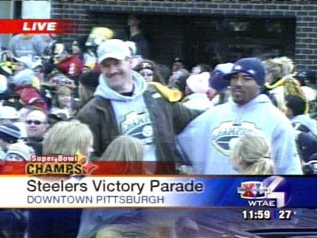 Bill Cowher and Mike Logan Coach Bill Cowher shared a car with safety Mike Logan and celebrated with Steelers fans at the Super Bowl XL victory parade in Downtown Pittsburgh.