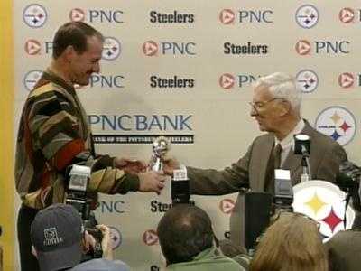 Bill Cowher and Dan Rooney Four days later, Cowher came back to announce his resignation. Steelers chairman Dan Rooney gave him a trophy ...