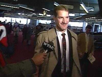 Bill Cowher Here's another "flashback" shot of Cowher at the old Greater Pittsburgh International Airport. (Check out the old school WTAE microphone flag.)