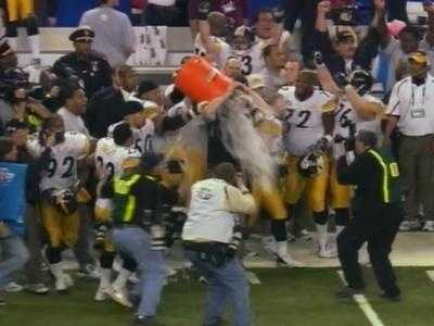 Bill Cowher The Steelers gave their coach a "Cowher Shower" with a barrel of Gatorade.