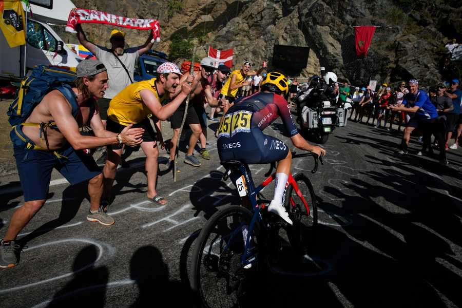 Cycling Tour de France Review Photo Gallery Britain's Thomas Pidcock climbs Alpe D'Huez during the twelfth stage of the Tour de France cycling race over 165.5 kilometers (102.8 miles) with start in Briancon and finish in Alpe d'Huez, France, Thursday, July 14, 2022.