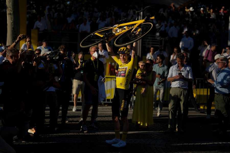 Cycling Tour de France Review Photo Gallery Tour de France winner Denmark's Jonas Vingegaard, wearing the overall leader's yellow jersey, celebrates after the twenty-first stage of the Tour de France cycling race over 116 kilometers (72 miles) with start in Paris la Defense Arena and finish on the Champs Elysees in Paris, France, Sunday, July 24, 2022.