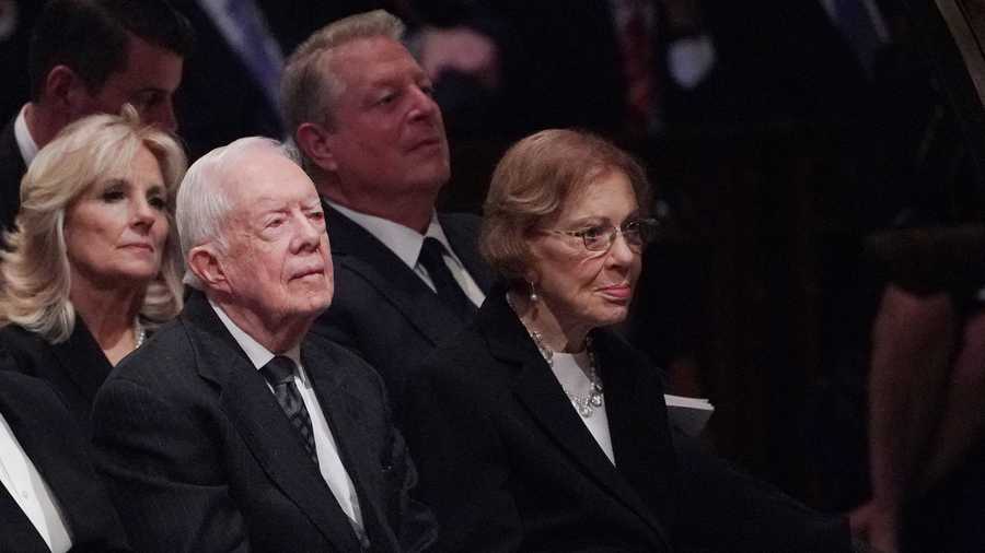 US-POLITICS-BUSH Former US President Jimmy Carter and former US First Lady Rosalynn Carter attend the funeral service for former US president George H. W. Bush at the National Cathedral in Washington, DC on December 5, 2018. (Photo by MANDEL NGAN / AFP) (Photo by MANDEL NGAN/AFP via Getty Images)