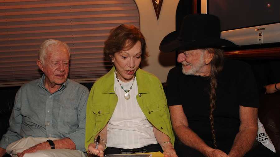 Willie Nelson Joined Onstage and Backstage by Former President Jimmy Carter and Rosalynn Carter ***EXCLUSIVE COVERAGE*** Former President Jimmy Carter, Rosalynn Carter and Willie Nelson on Nelson's tour bus backstage at Chastain Park Amphitheater on July 27, 2008 in Atlanta, Georgia. ***Exclusive*** (Photo by Rick Diamond/WireImage)