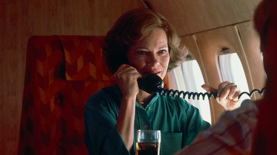 Rosalynn Carter Campaign Trail US First Lady Rosalynn Carter talks on the telephone in her plane as she returns from a campaign trip (to Florida), October 5, 1979. (Photo by Diana Walker/Getty Images)