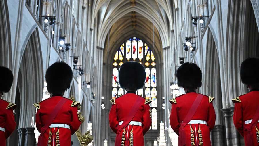 Queen Elizabeth state funeral The fanfare team of the household division bands wait for arrivals at the State Funeral Service for Queen Elizabeth II, at Westminster Abbey in London on Sept. 19, 2022.