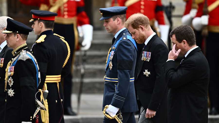 Queen Elizabeth state funeral Prince William, Prince of Wales (L) and Prince Harry, Duke of Sussex arrive at Westminster Abbey in London on Sept. 19, 2022, for the State Funeral Service for Queen Elizabeth II.