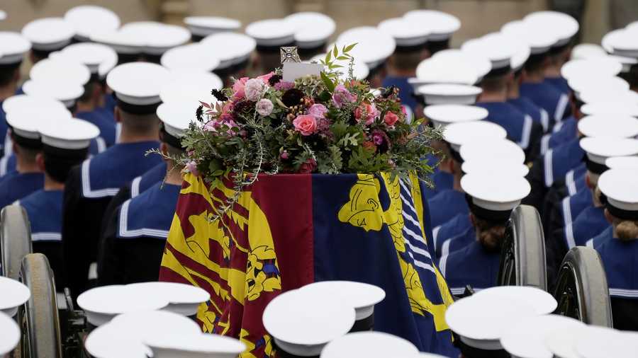 The State Funeral Of Queen Elizabeth II The coffin of Queen Elizabeth II with the Imperial State Crown resting on top is carried into Westminster Abbey on Sept. 19, 2022 in London, England.