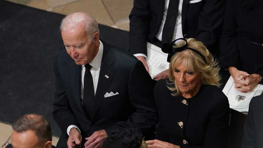 Queen Elizabeth state funeral U.S. President Joe Biden and first lady Jill Biden take their seats inside Westminster Abbey in London on Sept. 19, 2022, for the State Funeral Service for Queen Elizabeth II.