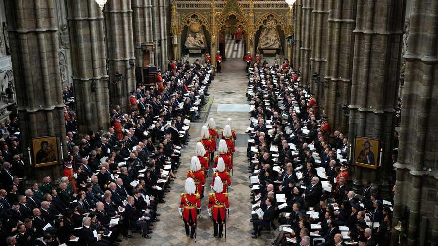 Queen Elizabeth state funeral The Gentlemen at Arms arrive at Westminster Abbey in London on Sept. 19, 2022, for the State Funeral Service for Queen Elizabeth II.