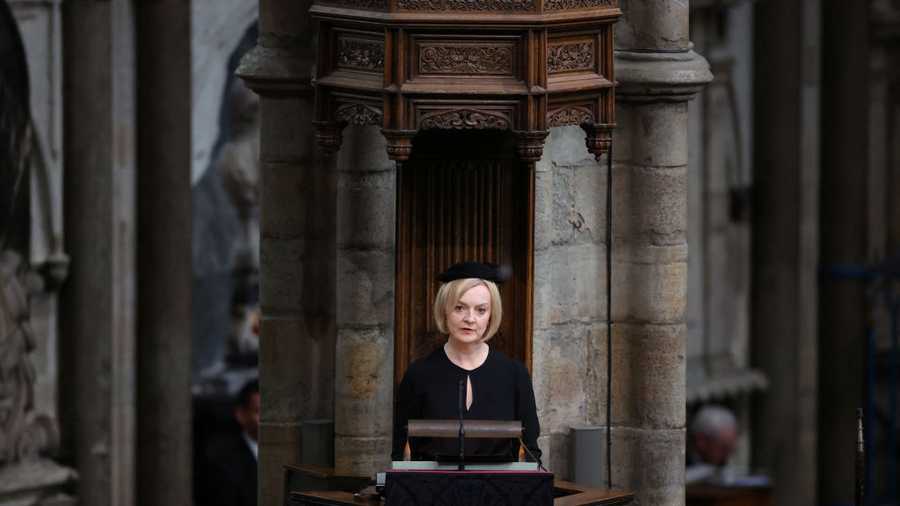 The State Funeral Of Queen Elizabeth II British Prime Minister Liz Truss speaks in Westminster Abbey during the State Funeral of Queen Elizabeth II on Sept. 19, 2022, in London, England.