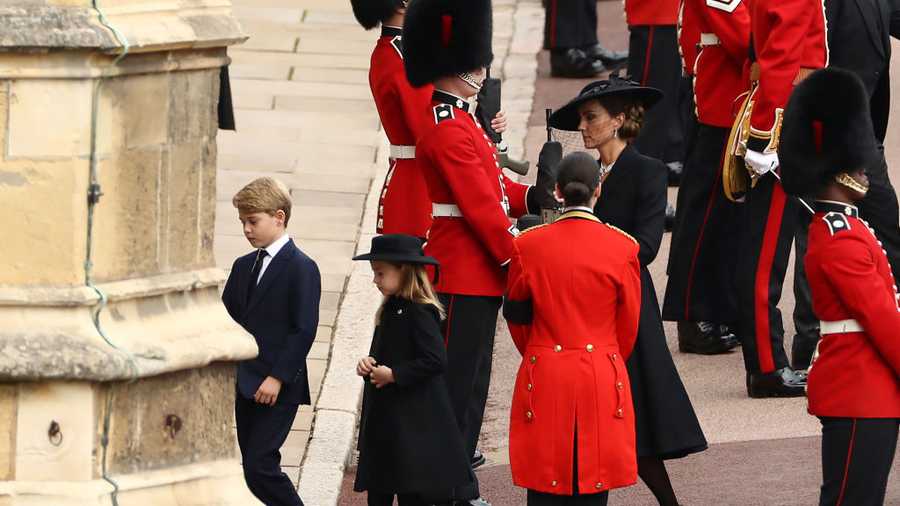 The Committal Service For Her Majesty Queen Elizabeth II WINDSOR, ENGLAND - SEPTEMBER 19: Camilla, Queen Consort, Princess Charlotte of Wales, Prince George of Wales and Catherine, Princess of Wales arrive at Windsor Castle for The Committal Service for Queen Elizabeth II on September 19, 2022 in Windsor, England. The committal service at St George's Chapel, Windsor Castle, took place following the state funeral at Westminster Abbey. A private burial in The King George VI Memorial Chapel followed. Queen Elizabeth II died at Balmoral Castle in Scotland on September 8, 2022, and is succeeded by her eldest son, King Charles III. (Photo by Ryan Pierse/Getty Images)