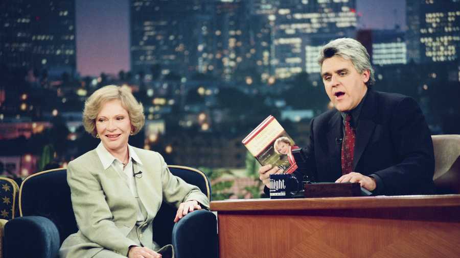 The Tonight Show With Jay Leno -- Season 7 THE TONIGHT SHOW WITH JAY LENO -- Episode 1393 -- Pictured: (l-r) Former First Lady Rosalynn Carter, host Jay Leno during an interview on June 10, 1998 -- (Photo by: Alice S. Hall/NBCU Photo Bank/NBCUniversal via Getty Images via Getty Images)