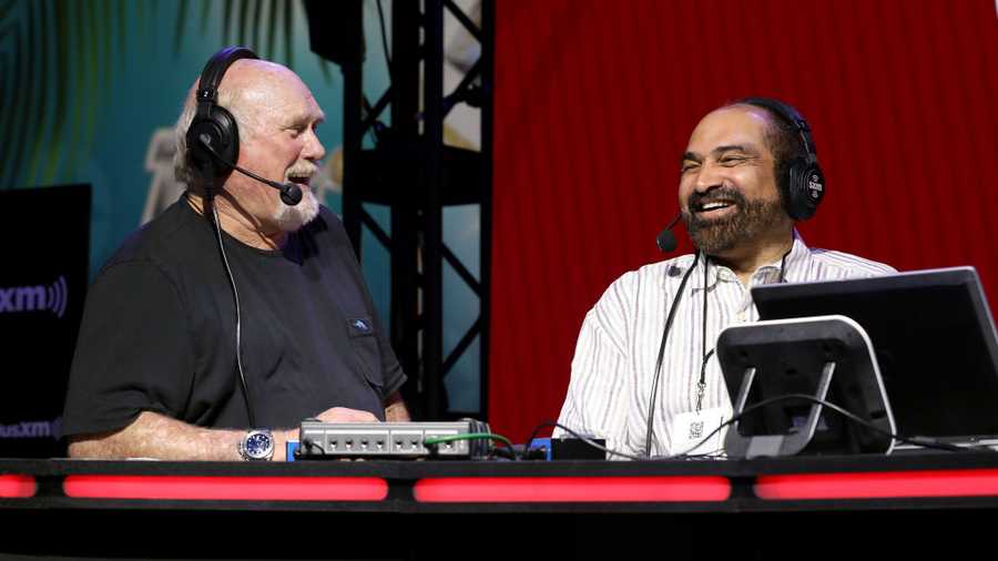 Former NFL players Terry Bradshaw and Franco Harris speak onstage during day 2 of SiriusXM at Super Bowl LIV on January 30, 2020 in Miami, Florida. Former NFL players Terry Bradshaw and Franco Harris speak onstage during day 2 of SiriusXM at Super Bowl LIV on January 30, 2020 in Miami, Florida.