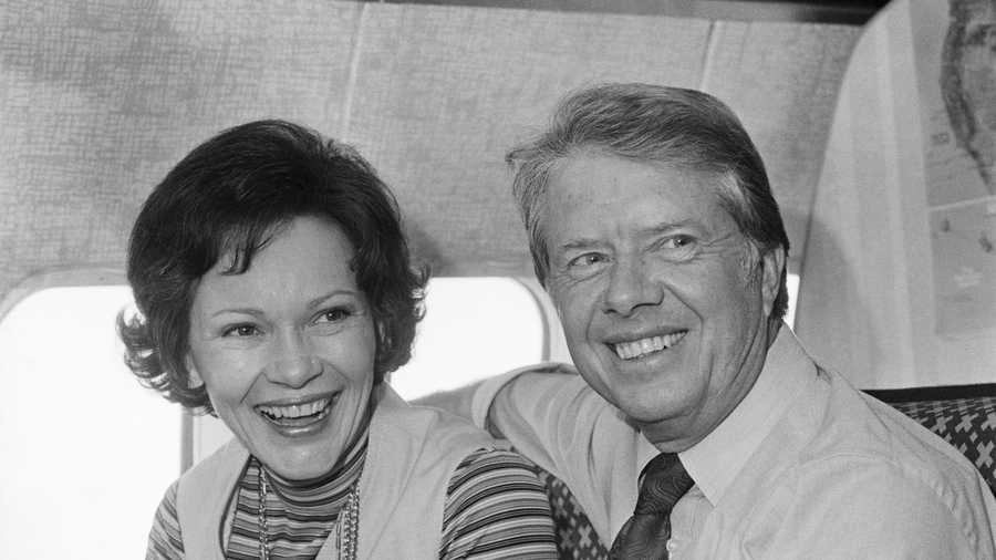 Jimmy Carter and His Wife Rosalynn Jimmy Carter, Democratic presidential candidate, and his wife, Rosalynn, share a moment aboard his campaign plane