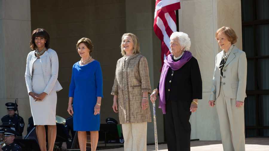 Rosalynn Carter U.S. First Lady Michelle Obama (L) poses with former first ladies (2nd L-R) Laura Bush, Hillary Clinton, Barbara Bush and Rosalynn Carter as they attend the dedication ceremony for the George W. Bush Presidential Center in Dallas (Photo by Brooks Kraft LLC/Corbis via Getty Images)